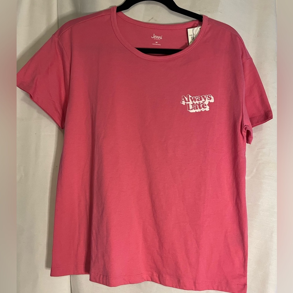 NWT Jenni Intimates “Always Late” Bright Pink Graphic Tee Sleepwear Size M